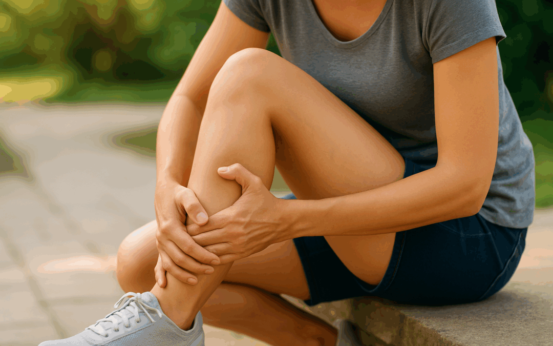 Woman touching leg outdoors, evaluating leg pain from artery or vein disease